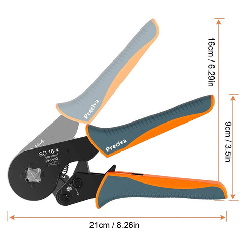 Self Adjusting Wire Ferrule Crimping Tool With Square Jaw For AWG 28-5, Pro Grade Ratchet Pliers side view with dimensions.