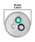 Top view of 45 Plus 5uF Dual Run AC Capacitor CBB65B 370V 440V with 65mm diameter, showing terminals and labels.