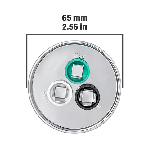 Top view of 45 Plus 5uF Dual Run AC Capacitor CBB65B 370V 440V with 65mm diameter, showing terminals and labels.