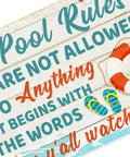 Close-up of Funny Pool Signs Outdoor Pool Rules Sign 8 By 12 Inches Vintage Metal Tin Wall Decor with colorful text and icons.