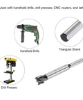 Heavy Duty Forstner Drill Bit Set With Tungsten Carbide Tips For Precision Woodworking and Carpentry Projects, shown with handheld drill and drill press.