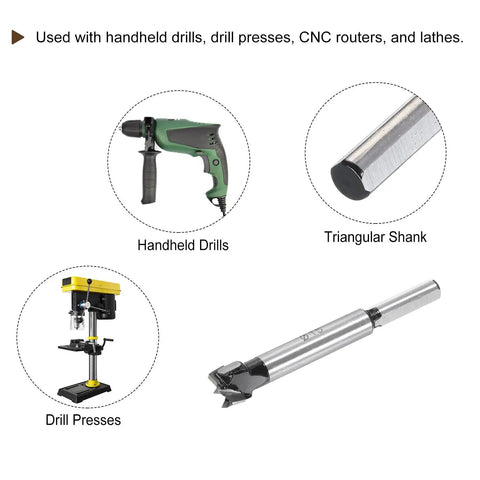 Heavy Duty Forstner Drill Bit Set With Tungsten Carbide Tips For Precision Woodworking and Carpentry Projects, shown with handheld drill and drill press.
