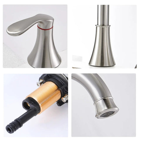 Close-up views of brushed nickel components of Widespread 8 Inch Bathroom Faucet Set With Two Handles And Swivel Spout, 3 Hole Mount.
