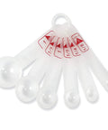 Plastic measuring spoons from Hands-On Liquid Measuring Set For Kids, 19-Piece Classroom Lab Kit with labeled measurements