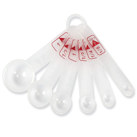 Plastic measuring spoons from Hands-On Liquid Measuring Set For Kids, 19-Piece Classroom Lab Kit with labeled measurements