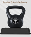 220 lb black kettlebell on a black base, labeled durable and anti-explosion.