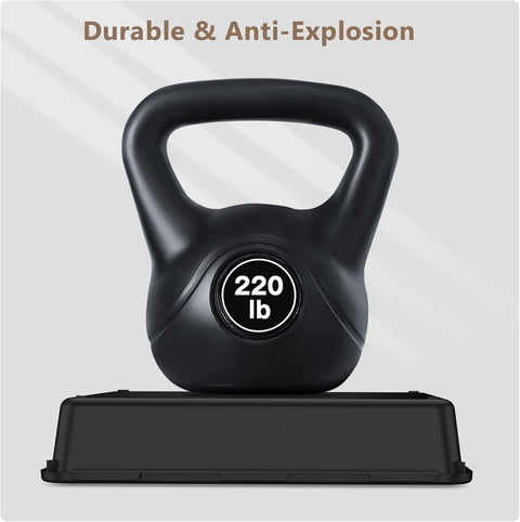 220 lb black kettlebell on a black base, labeled durable and anti-explosion.
