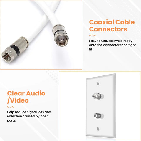 Six Pack 75 Ohm F Type Terminator Caps For Coaxial Ports Protect Open Ports On Splitters Amp Adapters TV Antennas Wall Plates Boosters And Coaxial Cables With Dust Moisture Shield shown on coaxial connectors and wall plate