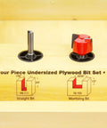 Close-up of 4 Piece Plywood Router Bit Set With 1/4 Inch Shank In Shadow Box Case showing straight and mortising bits