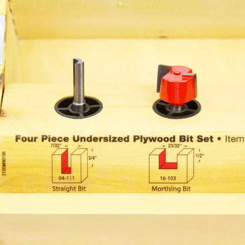 Close-up of 4 Piece Plywood Router Bit Set With 1/4 Inch Shank In Shadow Box Case showing straight and mortising bits