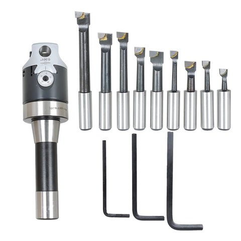 2 Inch Boring Head Set With R8 Shank, Includes 9 Pc 1/2 Inch Boring Bars And 3 Pc Hex Wrenches, Hardened Durable Milling Tool Kit