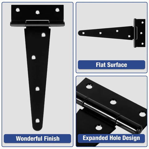 Beefy Heavy Duty 10 Inch T Strap Gate Hinges 2 Pack For Barn Fence Doors Exterior Interior Wood Cabinet Shed Shop Black 270 Degree Swing Tee Hinges Hardware Kit black T-strap hinge set on flat surface