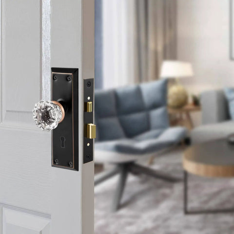 Upgraded Mortise Lock Set For Interior Doors With Antique Vintage Crystal Glass Knobs And Skeleton Key, Reversible Oil Rubbed Bronze