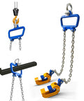 Blue SENKEYFE chain drum lifter with drum clamp and self-locking hook for 30–55 gallon drums (front/side views).