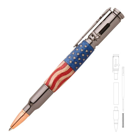 Three Piece Bolt Action Bullet Cartridge Ballpoint Pen Woodturning Kit Starter Package with USA flag design, shown with parts