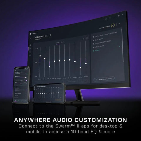 Swarm II app interface for audio EQ customization for Stealth 600 Wireless Multiplatform Gaming Headset For PS5 PS4 PC And Mobile.