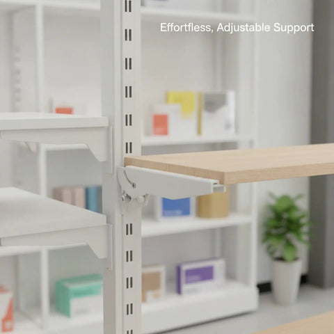 Adjustable Metal Shelf Bracket for Standard AA Pillar Slots in a retail display setting with shelving system.