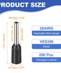 200 Pcs Wire Ferrule Connectors Set Ve0306 28AWG Copper Crimp Ferrules Terminals Insulated Cord End black size diagram
