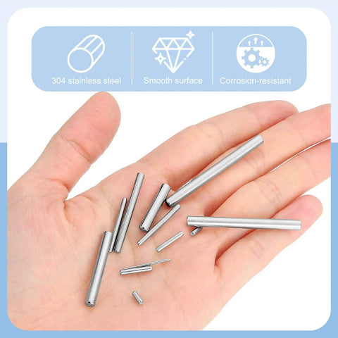 Top Shelf 110 Pack Stainless Steel Shelf Pins For Cabinets And Furniture Solid Grip With Smooth Nickel Finish Rust Resistant Dowel Pegs Built Tough To Handle held in a hand.