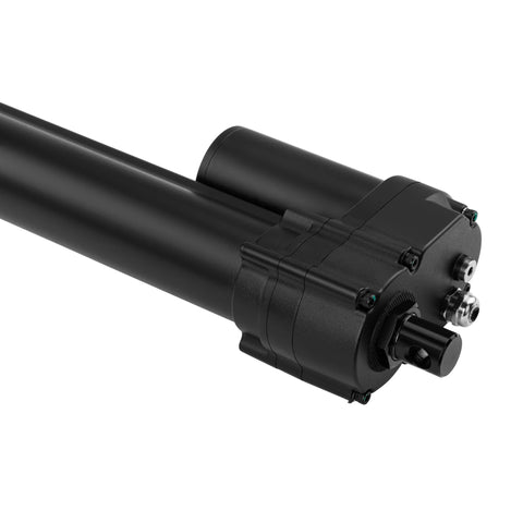 Electric 24V high-load linear actuator with black housing, close-up showing end-mount hardware.