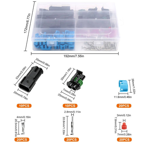 Linkstyle 10 Sets of Heavy Duty Weather Pack Connectors For 14 To 12 AWG Wires Featuring Waterproof Housings Male And Female Plugs With Copper Terminals Perfect For Automotive Repairs And Quick Wire Splice Jobs That Stick Without Fail, connector kit in storage box
