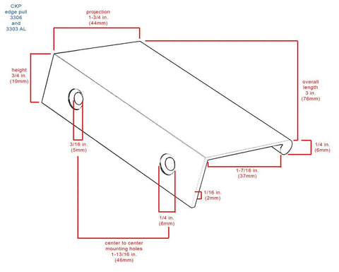 Technical diagram of 3 Inch Back Mount Finger Edge Pull Brushed Nickel Finish for Cabinets and Drawers showing detailed dimensions.