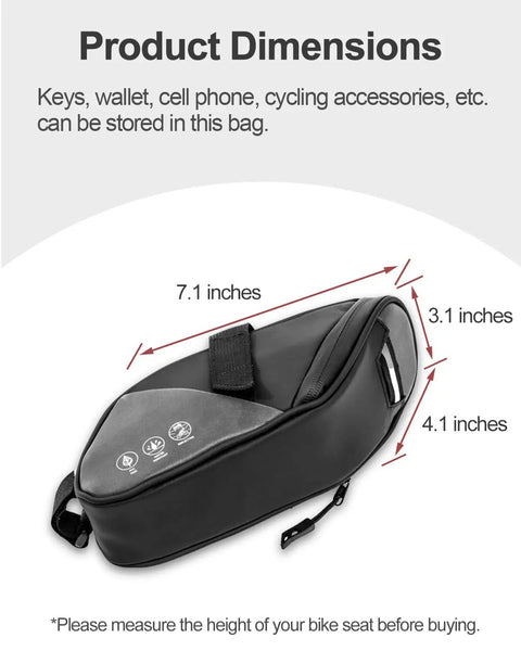 Water Resistant Under Seat Bike Bag 1L Saddle Pack For Mountain Road And City Commuter Bikes PVC Free Construction With 900D Oxford Fabric And PU Coating Rainproof Lightweight Easy Access Storage side view showing dimensions and strap