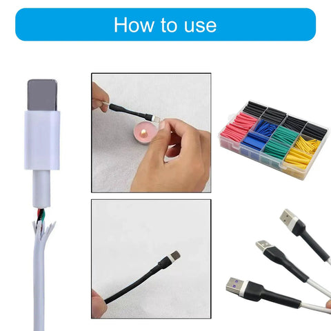 How to use Top Quality Heat Shrink Tubing Kit With Assorted Sizes And Vibrant Colors For Superior Electrical Insulation Wire Repairs And Mechanical Protection Perfect For Electricians And DIYers Looking To Get Job Done Right Fast. showing USB cable repair