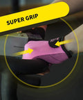 Close-up of light pink rowing gloves for women with super grip silicone palm showing unmatched anti-slip control on rowing machine.
