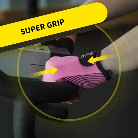 Close-up of light pink rowing gloves for women with super grip silicone palm showing unmatched anti-slip control on rowing machine.