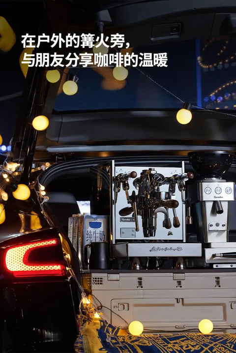 Barista Grade Semi Automatic Espresso Machine With E61 Brew Head And Rotary Pump PID Temp Control in car trunk at night event