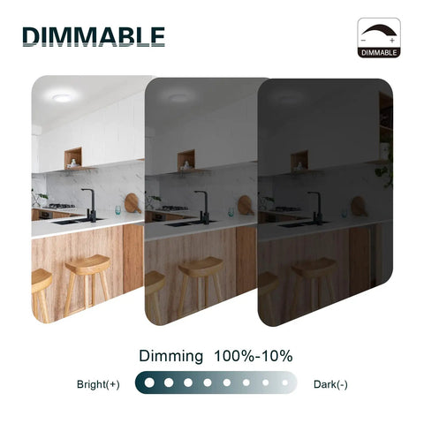 Six Inch Flush Mount LED Ceiling Light Disk Fixture With Dimmable 15W Output And 1000 Lumens 5000K Daylight shown in dimming stages