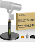 Ultra Low Desk Mic Stand With 5 Inch Adjustable Height All Metal Construction 6.6 Lbs Load Capacity Compact Tabletop Microphone Stand For Shure SM7B MV7 Yeti PodMic Rode PodMic MAONO For Pros And More with packaging and adapters