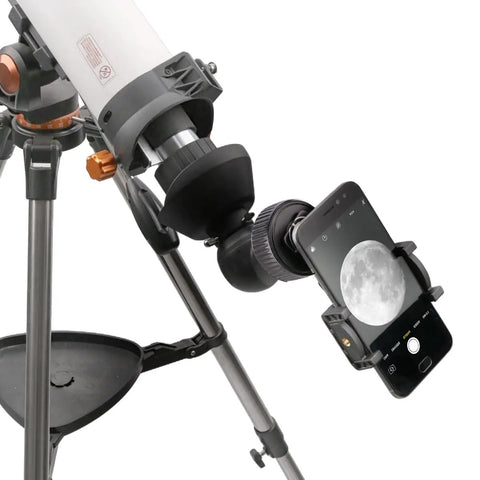 Phone Mount For Telescope And Optics, Adjustable Adapter For Outdoor Viewing attached to telescope with smartphone showing moon image