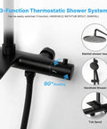 Thermostatic Rain Shower System With 9 Inch High Pressure Rain Shower Head And Handheld Set Matte Black Wall Mounted Shower Mixer With Tub Spout Pro Grade Spa Vibe For Everyday Refresh, showcasing controls and functions