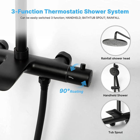 Thermostatic Rain Shower System With 9 Inch High Pressure Rain Shower Head And Handheld Set Matte Black Wall Mounted Shower Mixer With Tub Spout Pro Grade Spa Vibe For Everyday Refresh, showcasing controls and functions