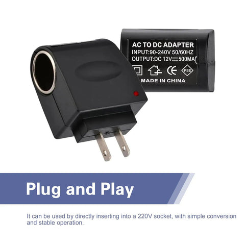 Plug Right Into Your Wall With This Beefy AC To DC Power Converter Transformer Steps Down 220V Household Juice To 12V Cigarette Lighter Socket For Powering Car Vacuums Coolers And Tire Inflators Hassle Free Anywhere You Roam. Close-up of black AC to DC adapter with plug and socket, suitable for 220V usage.