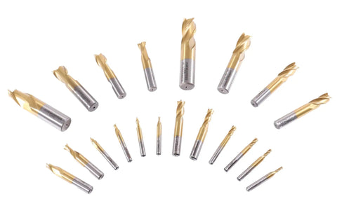 Pro Grade HSS TiN Coated End Mill Set, 20 Pc Metric Size 3 To 20 Mm, 2 Flute And 4 Flute, Straight Shank, High Speed Steel CNC Milling Bits For Metal Wood And Plastic