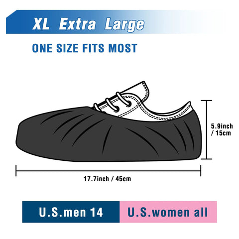 Premium Disposable Extra Large Shoe Covers Slip Resistant Nonwoven Polypropylene Quiet Built Tough Water And Dust Resistant Fits Up To US Men Size 14 And All US Women Size Black 100 Pack 50 Pairs For Home Work Indoor Floors size chart image