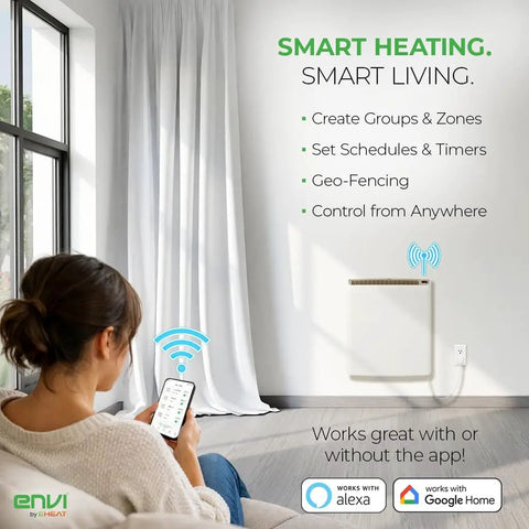Smart home setup showing Sleek Wifi Wall Heater Kick The Winter Chill Legit Game Changer App Controlled Smart installed.