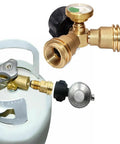 Brass POL To QCC1 Propane Tank Adapter For Barbecue Grills And Lanterns Converts POL LP Tank Service Valve To Type 1 Hose Or Regulator Easy Install Heavy Duty Anti Corrosion Leak Free Old To New shown connected to a propane tank.
