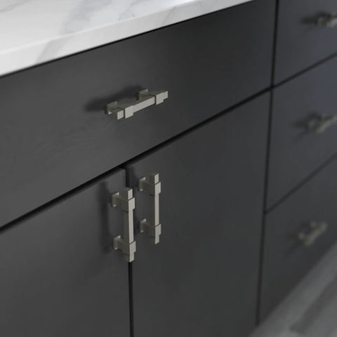 5 Pack Slick Matte Brushed Nickel Cabinet Handles And Adjustable Drawer Pulls For Kitchen Cabinets Dressers And Cupboards Fits 1.375 To 4 Inch Hole Centers With Adjusta-Pull installed on dark cabinets