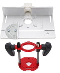 Shop Ready Rock Solid Aluminum Router Lift System With Precision Table Insert Plate And Stainless Rods For Accurate Hole Positioning and angled precision scale.