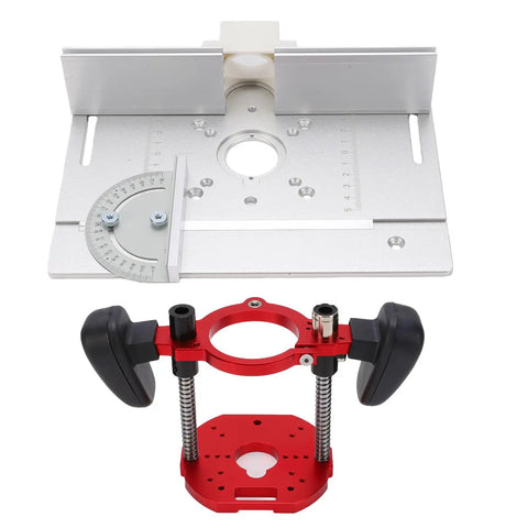 Shop Ready Rock Solid Aluminum Router Lift System With Precision Table Insert Plate And Stainless Rods For Accurate Hole Positioning and angled precision scale.