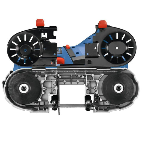 18V Compact Band Saw Bare Tool with a lightweight 7.3 pound build for tight spaces and overhead cuts, open view of cutting mechanism.
