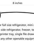 Fridge Lock With 2 Keys Easy Peel And Stick No Drill Mount, size 8x2.5 inches, shows black lock and cable with measurements