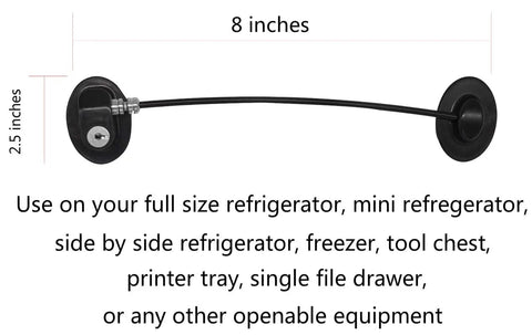 Fridge Lock With 2 Keys Easy Peel And Stick No Drill Mount, size 8x2.5 inches, shows black lock and cable with measurements