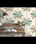 Kickass Midcentury Modern Vinyl Wallpaper With Sleek Leather Texture And Heavy Duty Commercial Grade Durability Custom Printed Just For You To Level Up Any Interior Space Today featuring colorful palm trees on a wall.