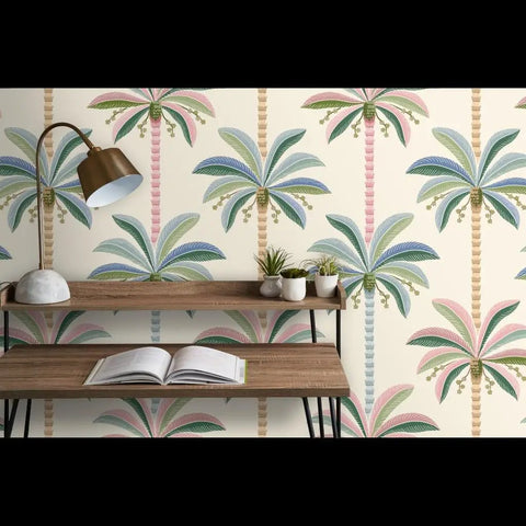Kickass Midcentury Modern Vinyl Wallpaper With Sleek Leather Texture And Heavy Duty Commercial Grade Durability Custom Printed Just For You To Level Up Any Interior Space Today featuring colorful palm trees on a wall.