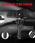Details of No Drama Installation 433 Mhz Tire Pressure Monitoring Sensors showing sensor body, cover, valve stem, and cap.